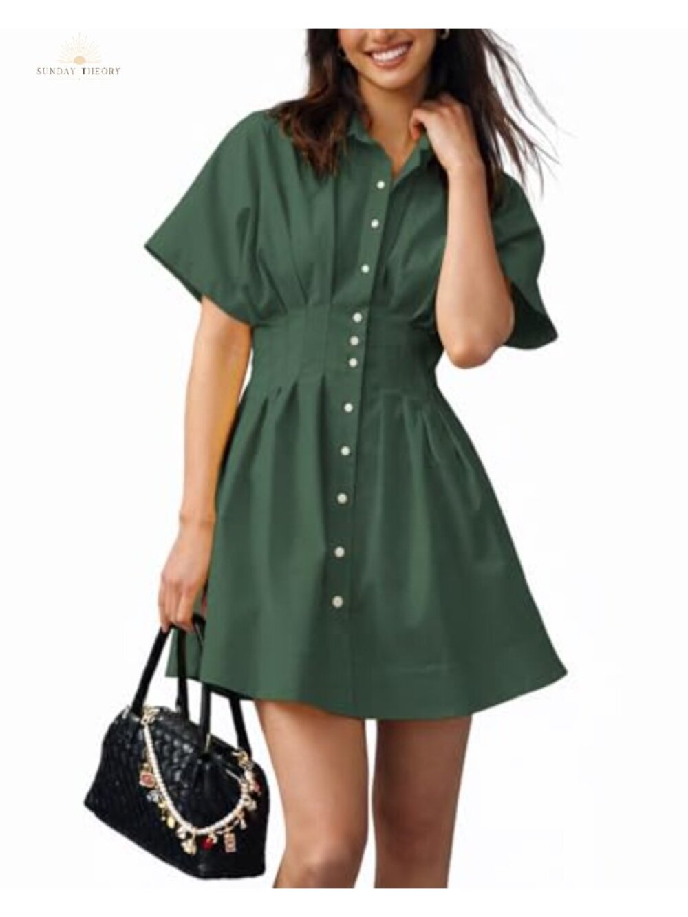 Mini Shirt Dress Button Down Collared Short Sleeve Casual A-Line